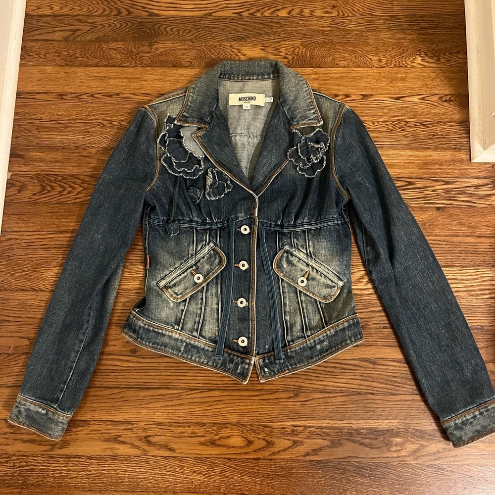 Vintage Moschino Jeans Denim Corset Jacket with Floral Appliqués